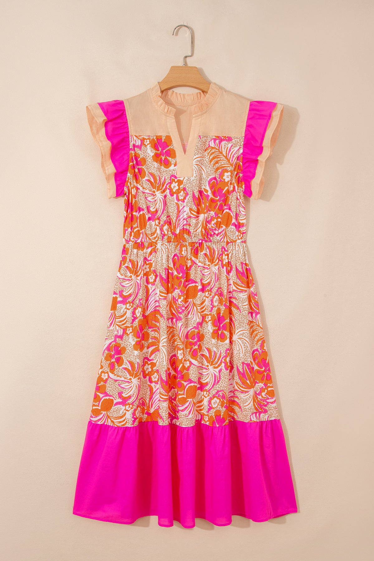 Rose Floral Print Color Block Ruffled Short Sleeve Flared Midi Dress