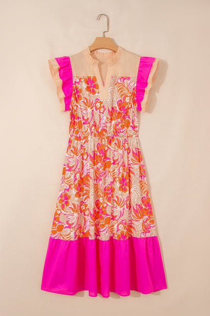 Rose Floral Print Color Block Ruffled Short Sleeve Flared Midi Dress