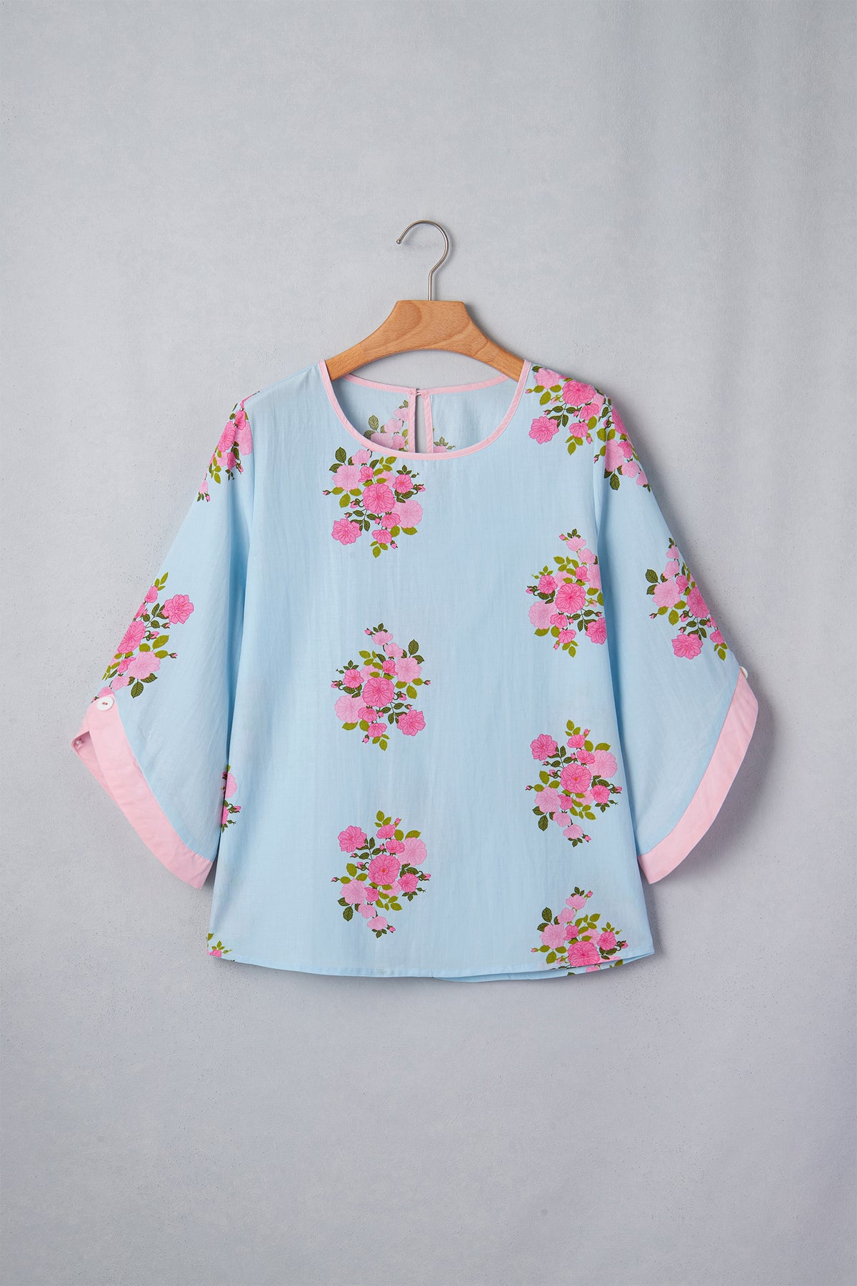 Sky Blue Floral Print Button Cuffed 3/4 Sleeve Round Neck Blouse