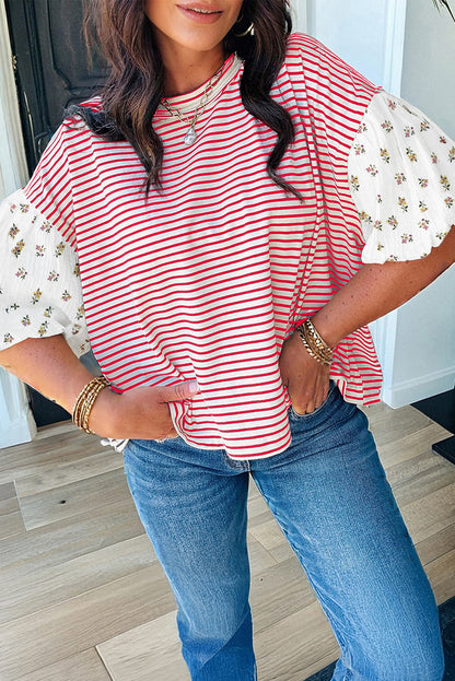 Black Stripe Floral Puff Sleeve Patchwork Round Neck Loose Top