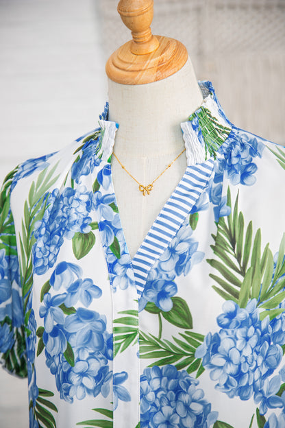 Sky Blue Palm Floral Print Striped Patchwork V Neck Short Sleeve Blouse