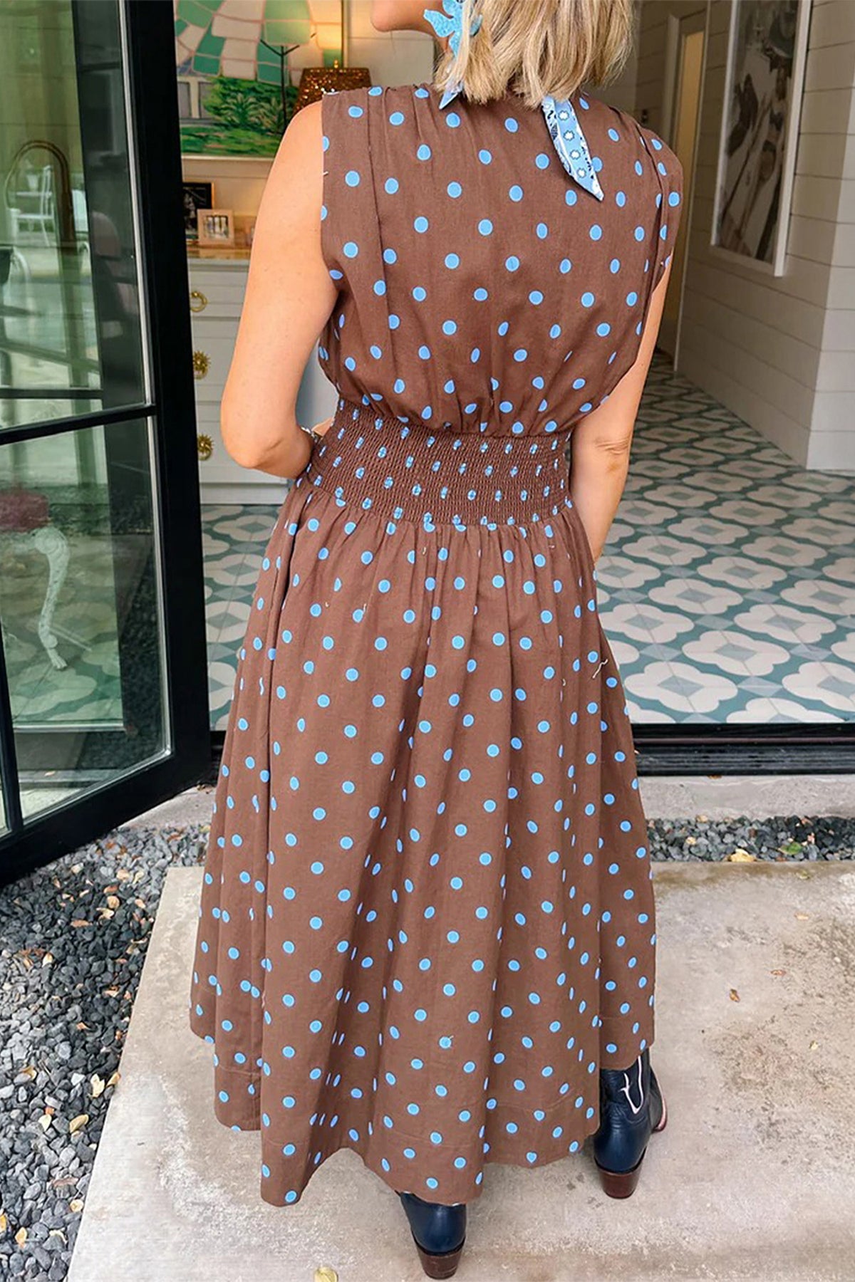 Black Polka Dot Print Contrast Trim V Neck Zip Up Sleeveless Dress