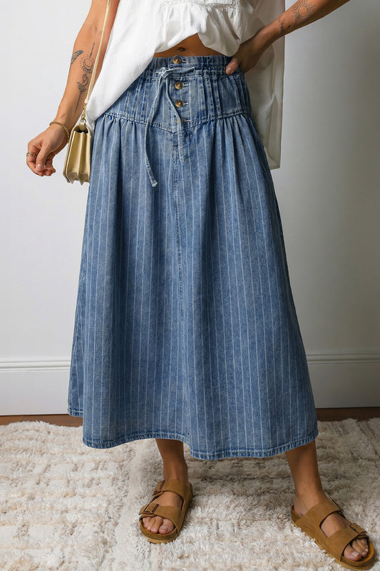 Sky Blue Stripe Button Pintuck High Waist Drawstring Denim Midi Skirt