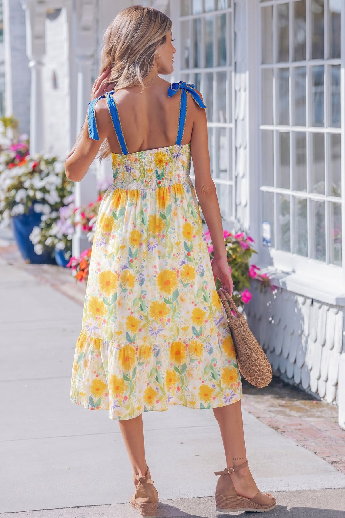 Red Floral Print Contrast Stitched Knot Denim Straps High Waist Dress