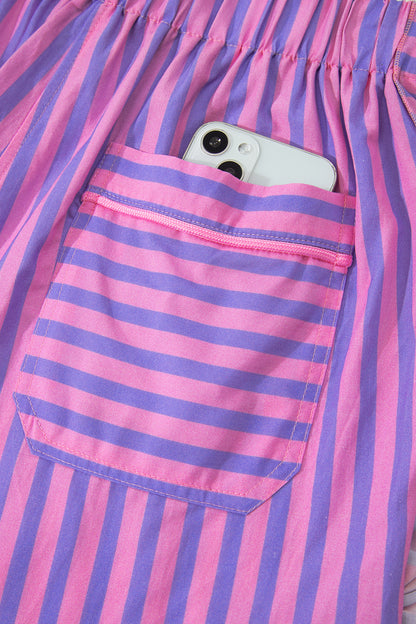 Sky Blue Stripe Elastic Waist Ruffle Trim Casual Shorts