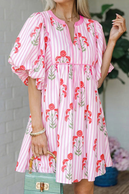 Pink Floral Striped Print Tie Notched Neck Puff Sleeve Flared Mini Dress