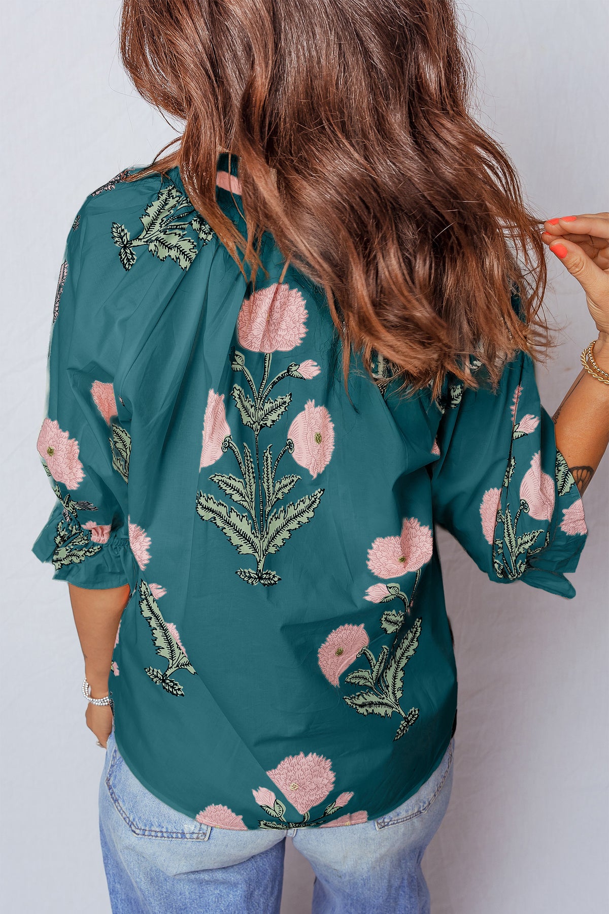 Sky Blue Casual Wild Flower Print V Neck 3/4 Sleeve Blouse