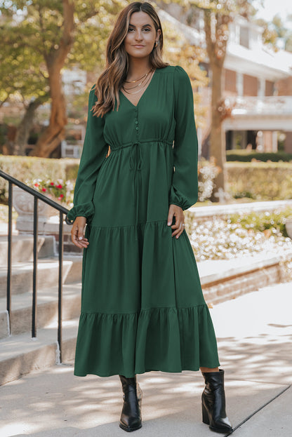 Chestnut Solid Long Sleeve Button V Neck Tiered Maxi Dress