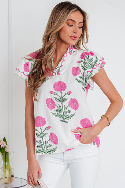 Blue Wild Flower Print Contrast Trim Scallop Detail Short Sleeve Blouse
