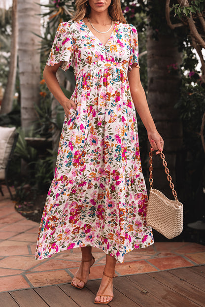 Red Floral Short Sleeve V Neck High Waist Maxi Dress