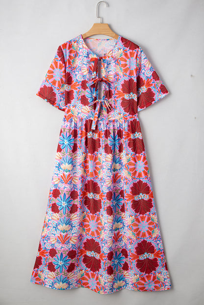 Rose Floral Tied Front High Waist Short Sleeve Loose Long Dress