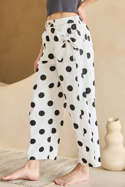 Sky Blue Polka Dot Print Bow Detail Pocketed Jeans