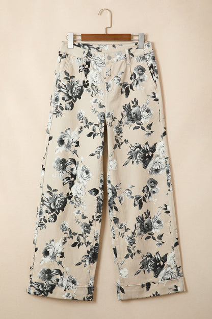 Beige Retro Floral Print Turn-up Cuffed Hem Loose Jeans