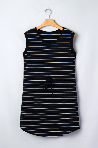 Black Stripe Drawstring Tunic Tank Mini Dress with Pockets