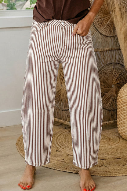 Khaki Stripe Casual Barrel Jeans