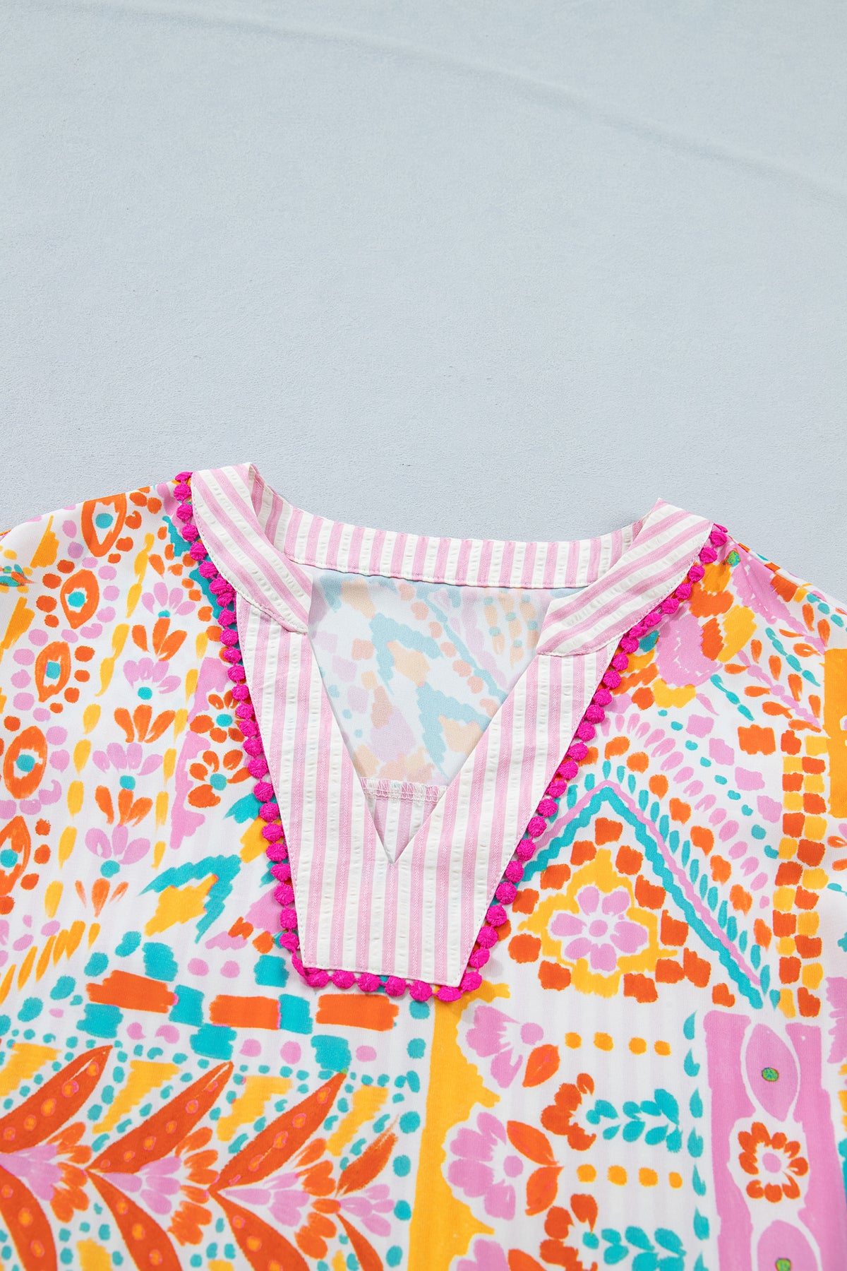 Rose Boho Mixed Print Contrast Trim Striped Patchwork Tiered Short Sleeve Blouse