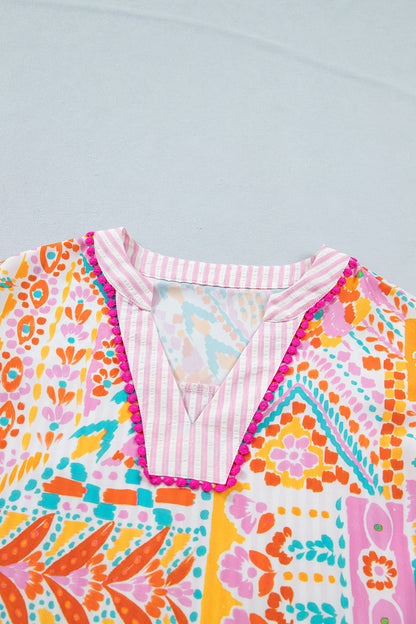 Rose Boho Mixed Print Contrast Trim Striped Patchwork Tiered Short Sleeve Blouse
