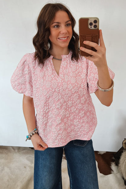 Iceland Blue Floral Textured Jacquard Puff Sleeve Blouse