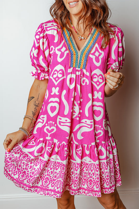 Rose Boho Mixed Print Contrast Trim V Neck Short Sleeve Flared Dress