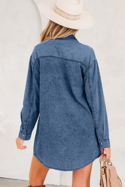 Medium Grey Beau Chest Pocket Raw Hem Denim Loose Shirt Dress