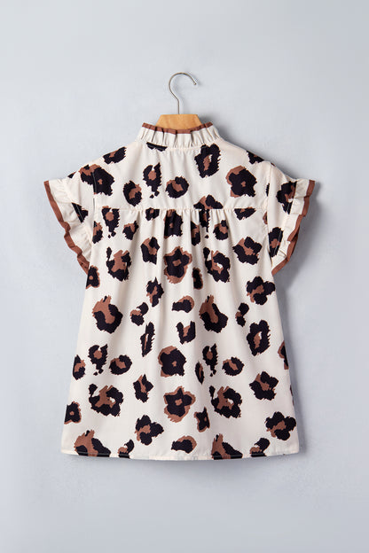 Khaki Leopard Printed Ruffle Sleeve Summer Blouse