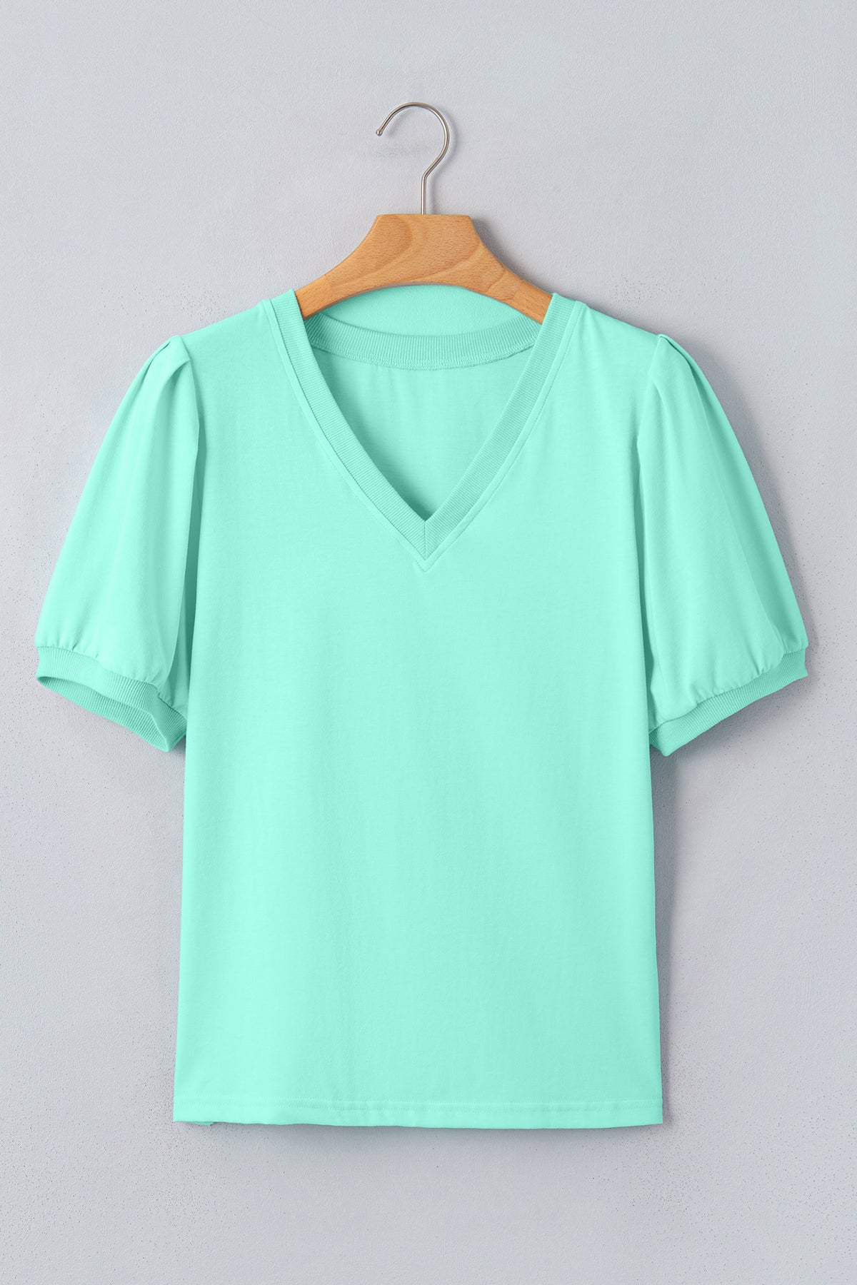 Bonbon Solid Color V Neck Short Puff Sleeve Blouse