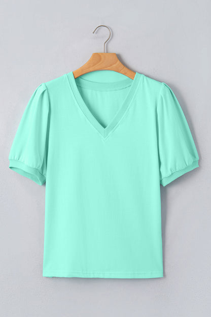 Bonbon Solid Color V Neck Short Puff Sleeve Blouse
