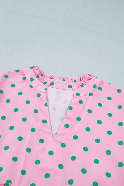 Pink Polka Dot Print V Neck Short Sleeve Tiered Mini Dress