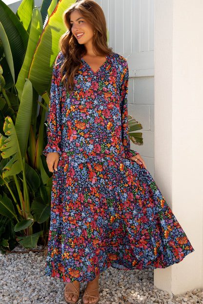 Blue Floral Print Tassel Tie V Neck Long Sleeve Flowy Long Dress