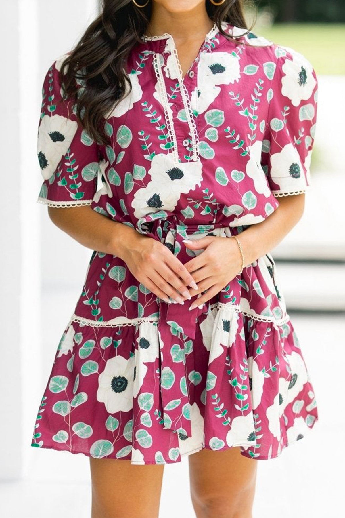 Red Floral Print Trimmed Short Puff Sleeve Mini Dress with Belt