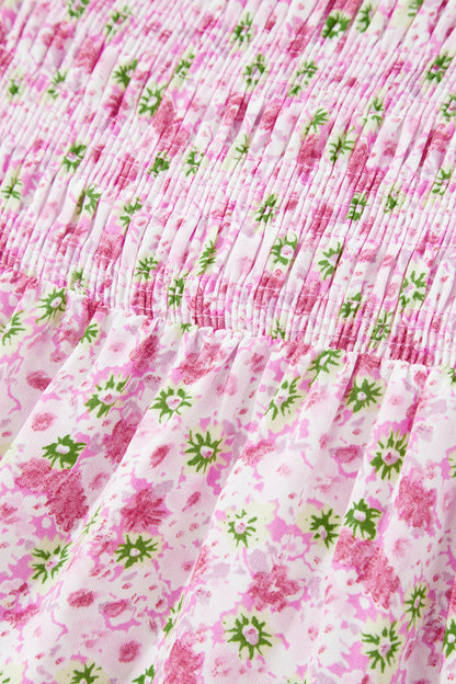 Pink Floral Short Bubble Sleeve Shirred High Waist Maxi Dress