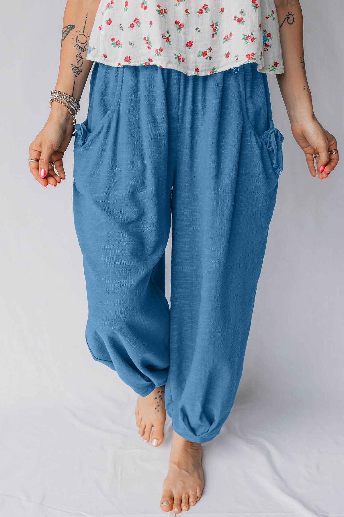 Prussian Blue Smocked Waist Casual Jogger Style Pants