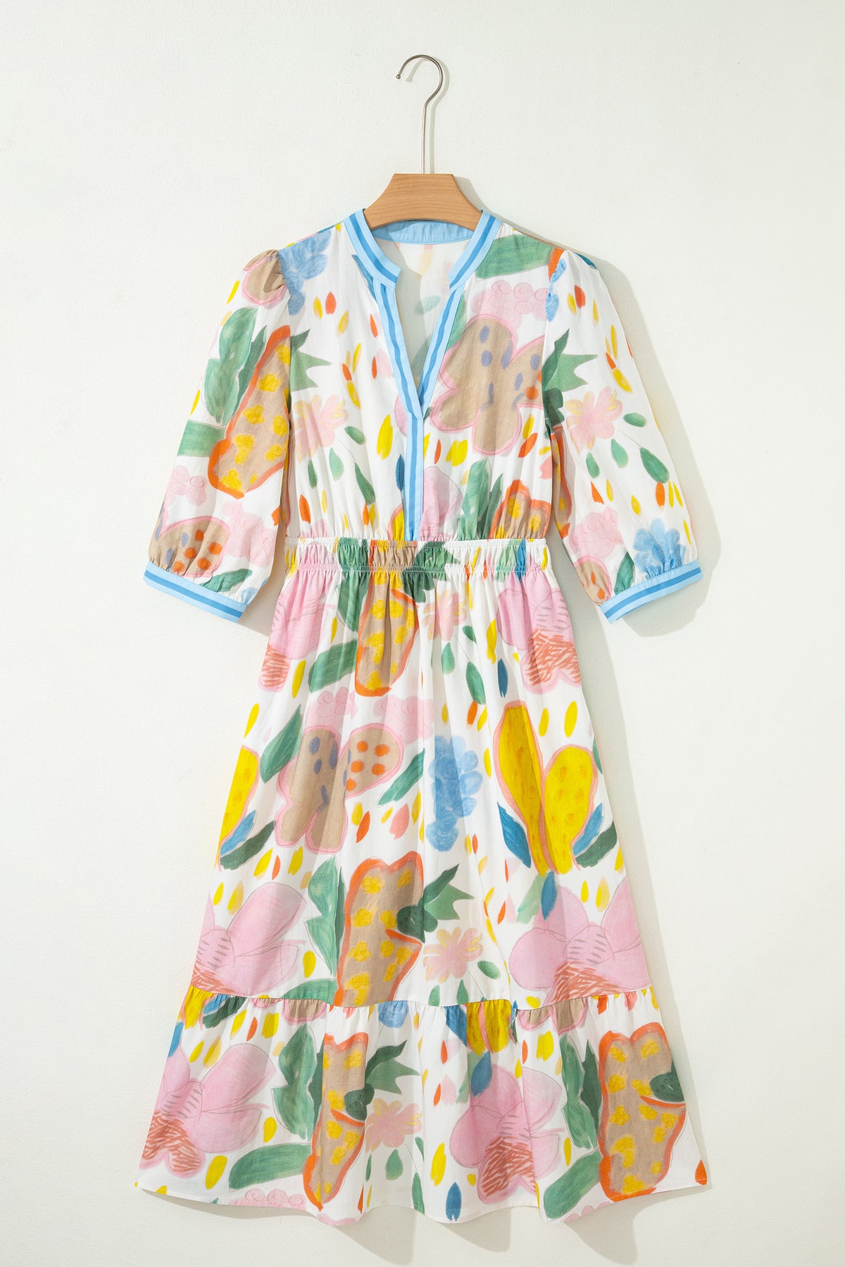 Multicolour Floral Doodle Print Striped Trim V Neck Midi Dress