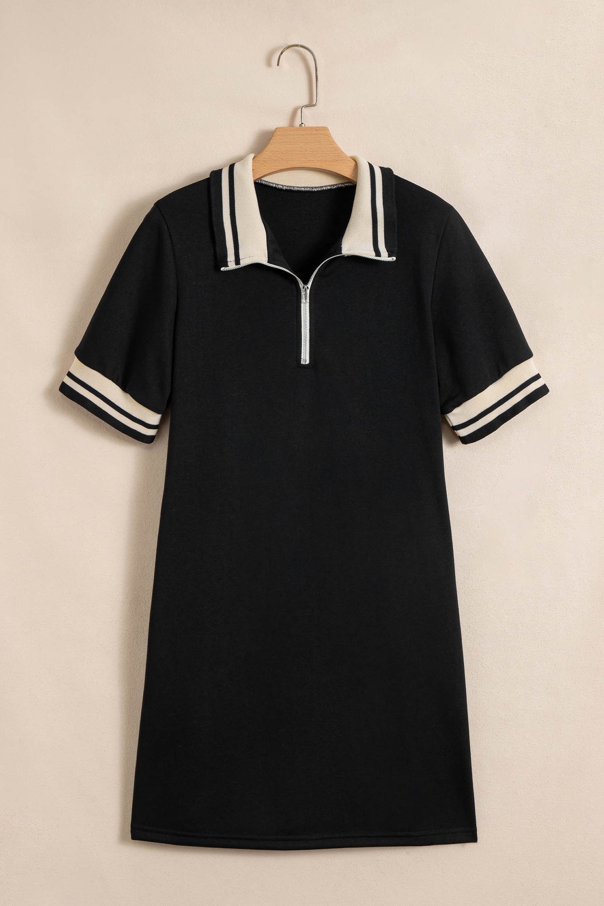 Black Striped Webbing Trim Preppy Polo Tee Dress