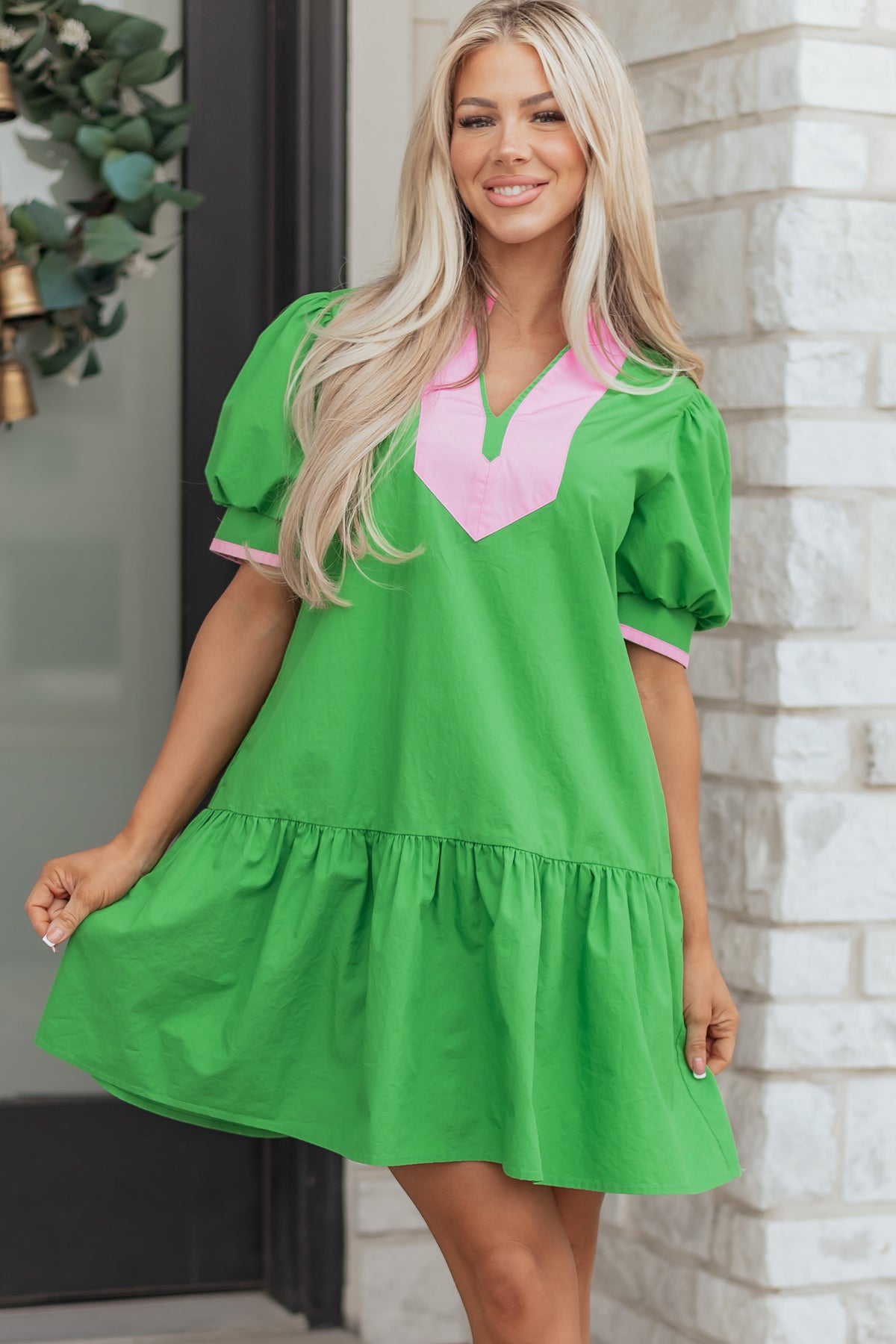 Bright Green Color Block Detail Split Neck Short Puff Sleeve Ruffle Hem Mini Dress