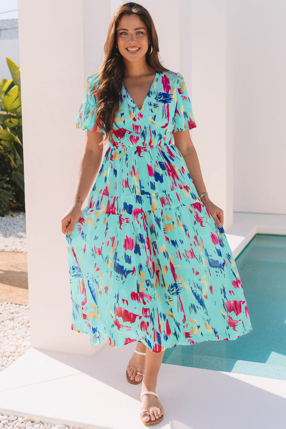 Rose Abstract Print Short Puff Sleeve Tiered Maxi Dress