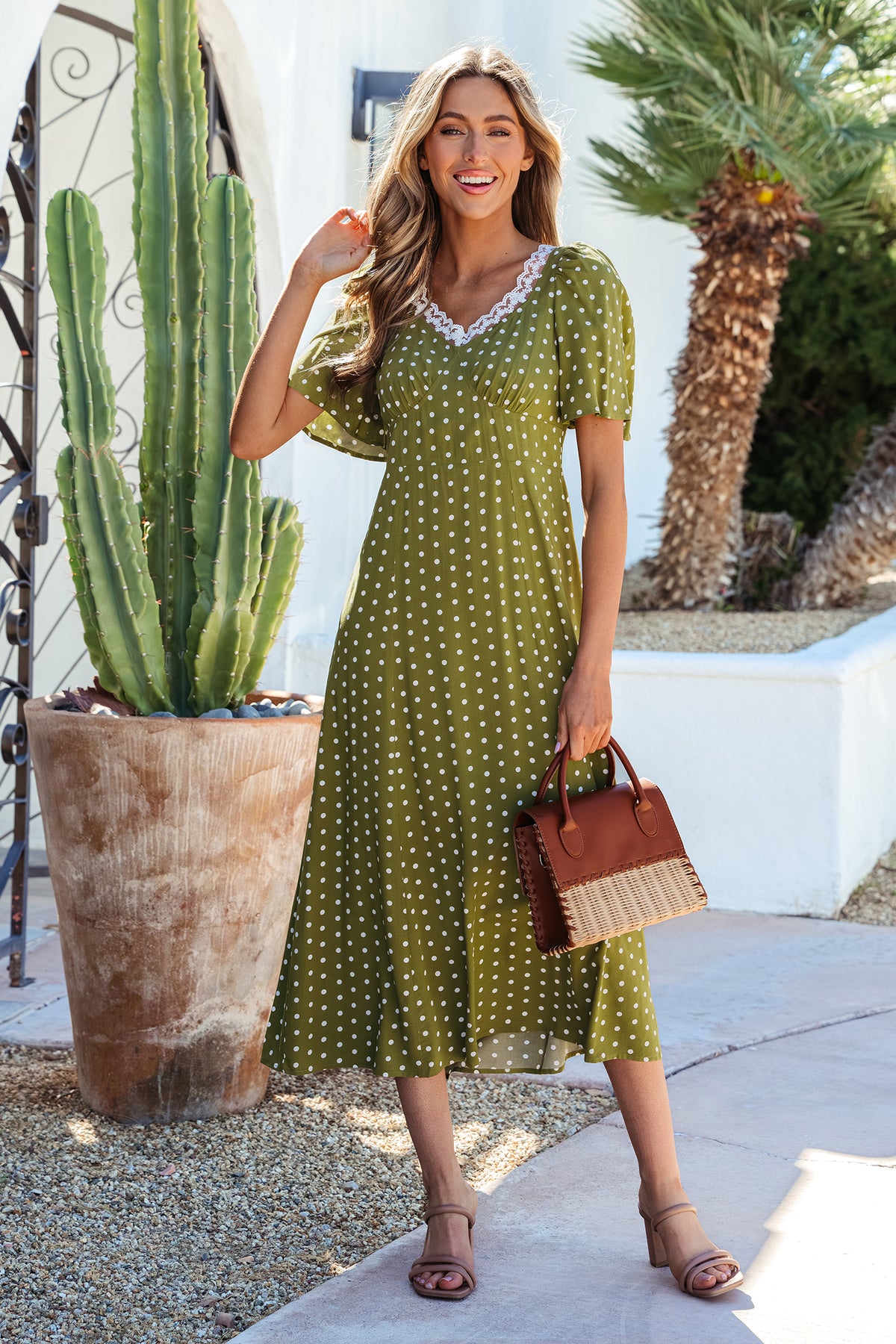 Green Polka Dot Print Lacy Neckline Smocked High Waist Maxi Dress