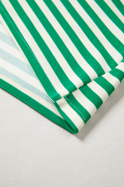 Blue Stripe Contrast Trim Polo Collar Ruffled Short Sleeve Blouse