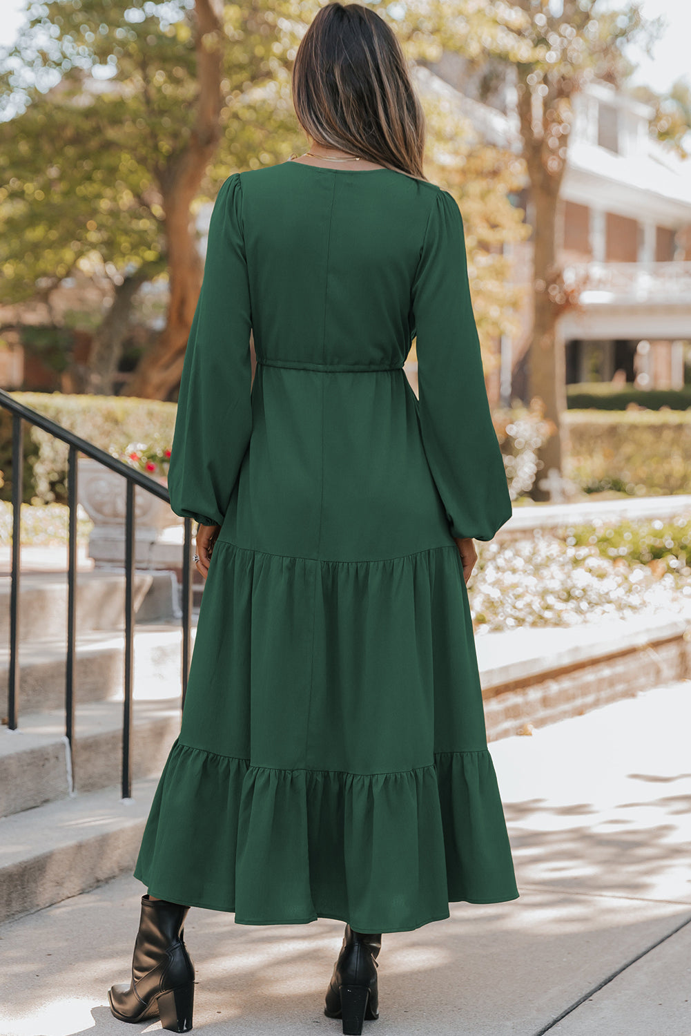 Chestnut Solid Long Sleeve Button V Neck Tiered Maxi Dress