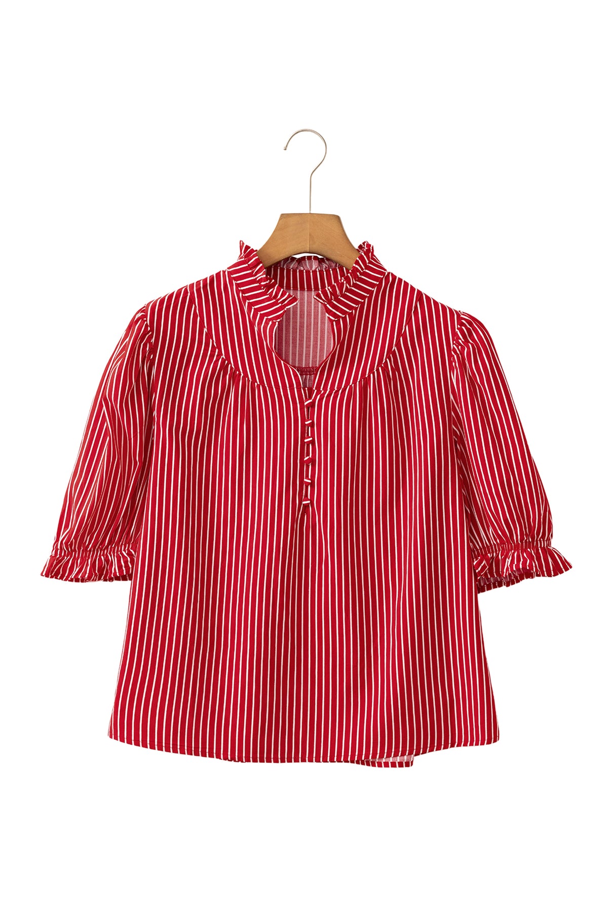 Blue Stripe Ruffled Short Puff Sleeve Button Front Blouse