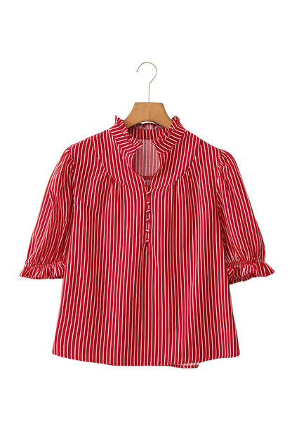Blue Stripe Ruffled Short Puff Sleeve Button Front Blouse
