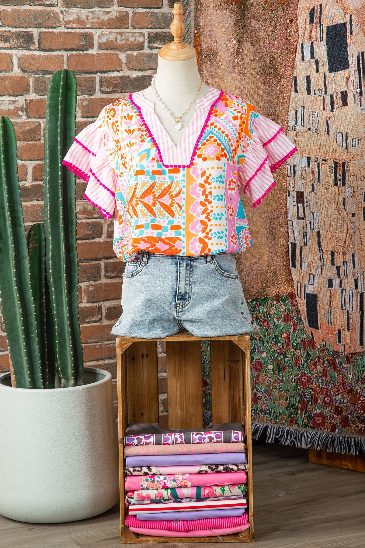 Rose Boho Mixed Print Contrast Trim Striped Patchwork Tiered Short Sleeve Blouse