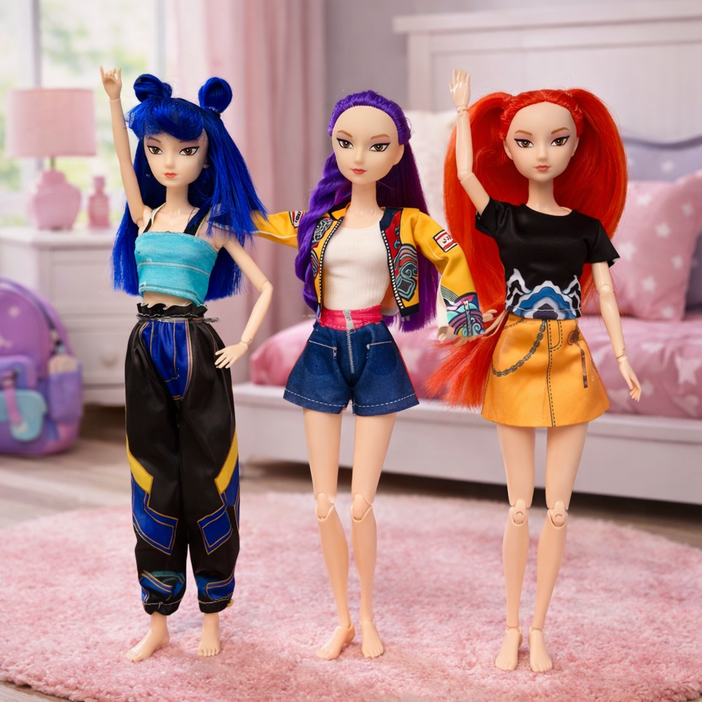 K-Pop Demon Hunters Musical Action Figure Set - 3-Pack Rumi, Zoey & Mira with Sound - Dobermen Premier