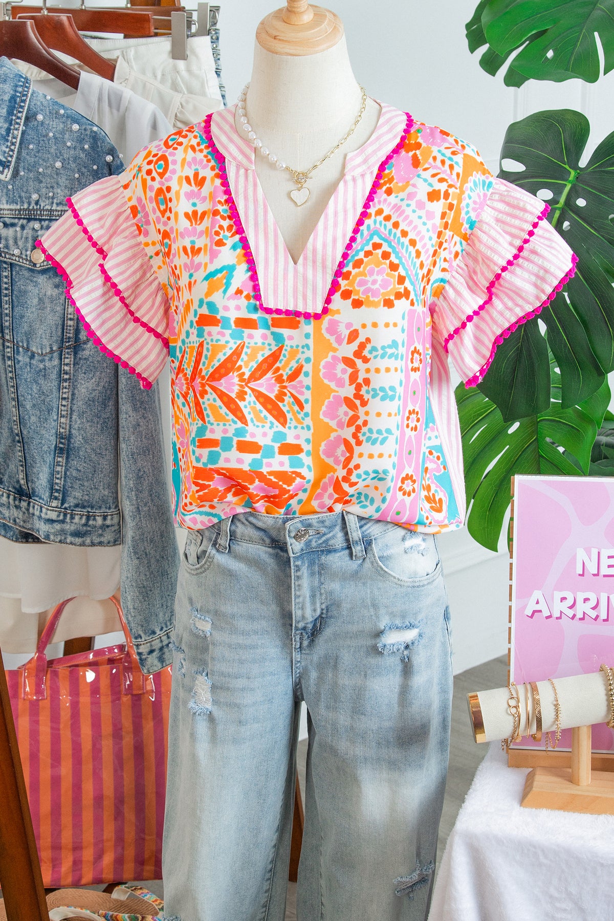 Rose Boho Mixed Print Contrast Trim Striped Patchwork Tiered Short Sleeve Blouse