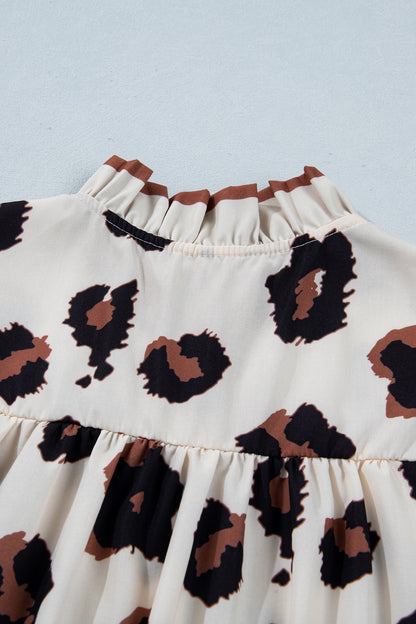 Khaki Leopard Printed Ruffle Sleeve Summer Blouse