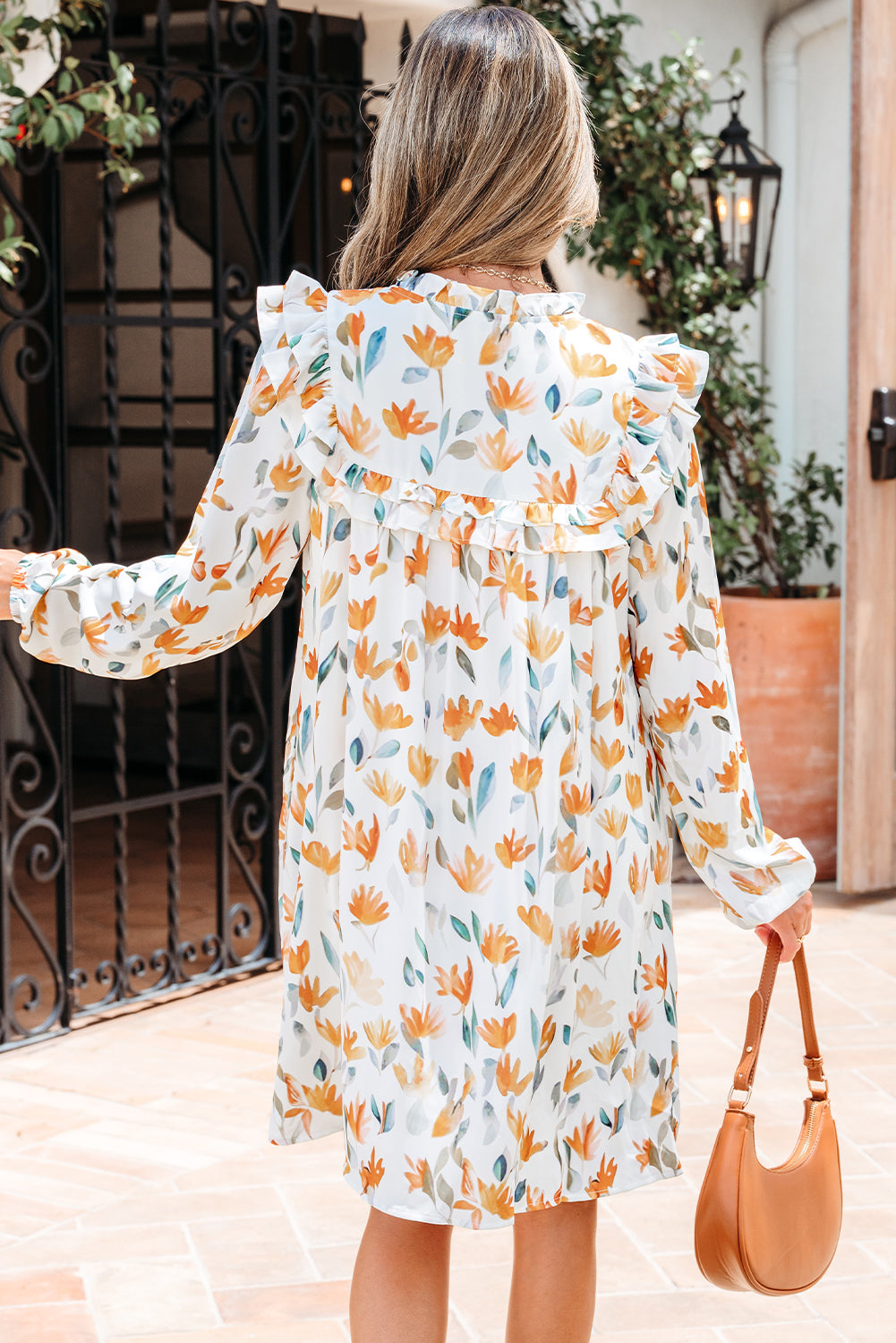 Yellow Floral Print Tie Neck Frilled Detail Long Sleeve Mini Dress