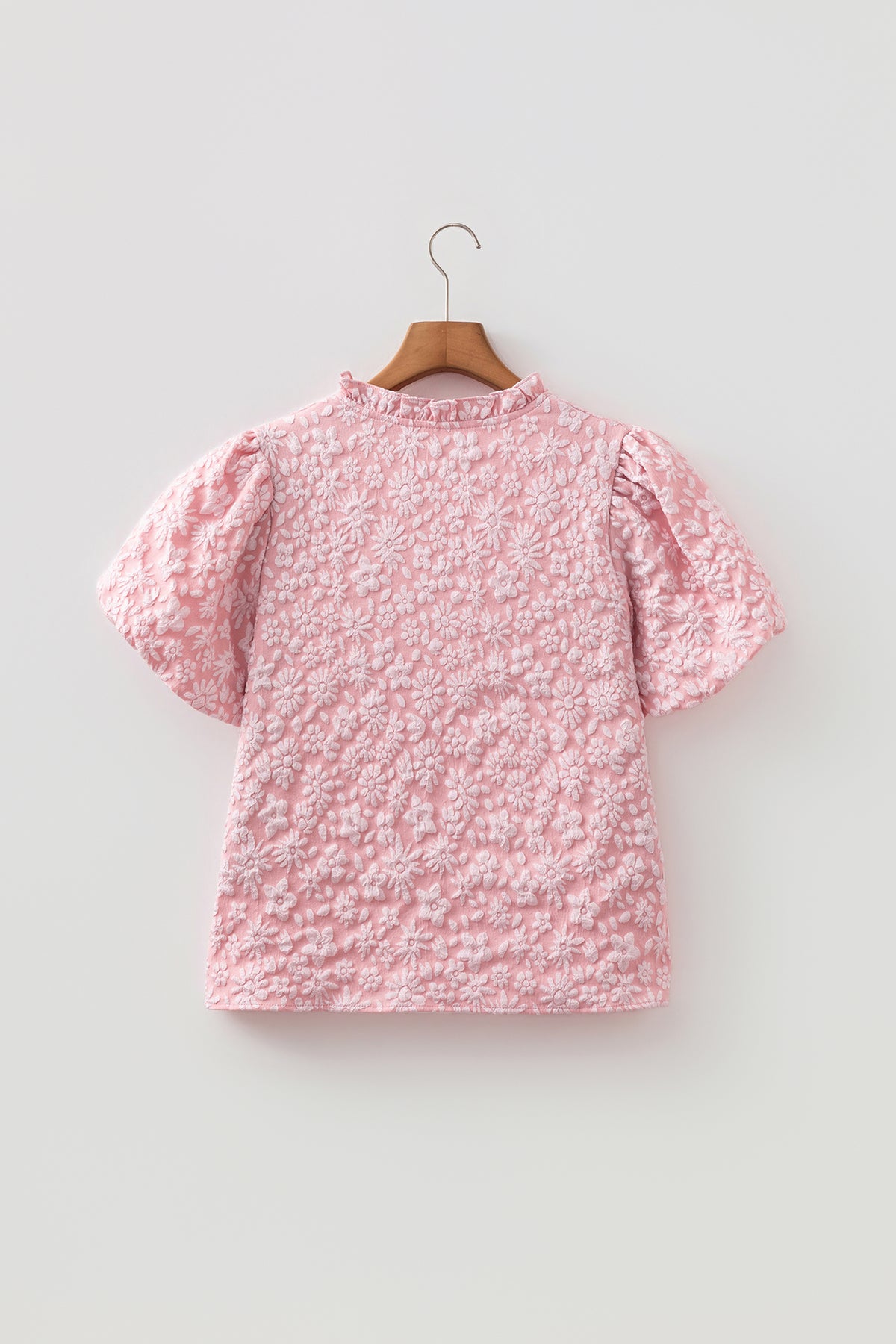 Iceland Blue Floral Textured Jacquard Puff Sleeve Blouse