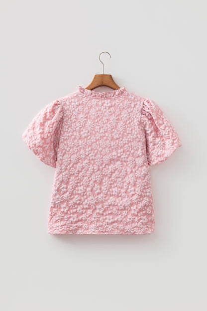 Iceland Blue Floral Textured Jacquard Puff Sleeve Blouse