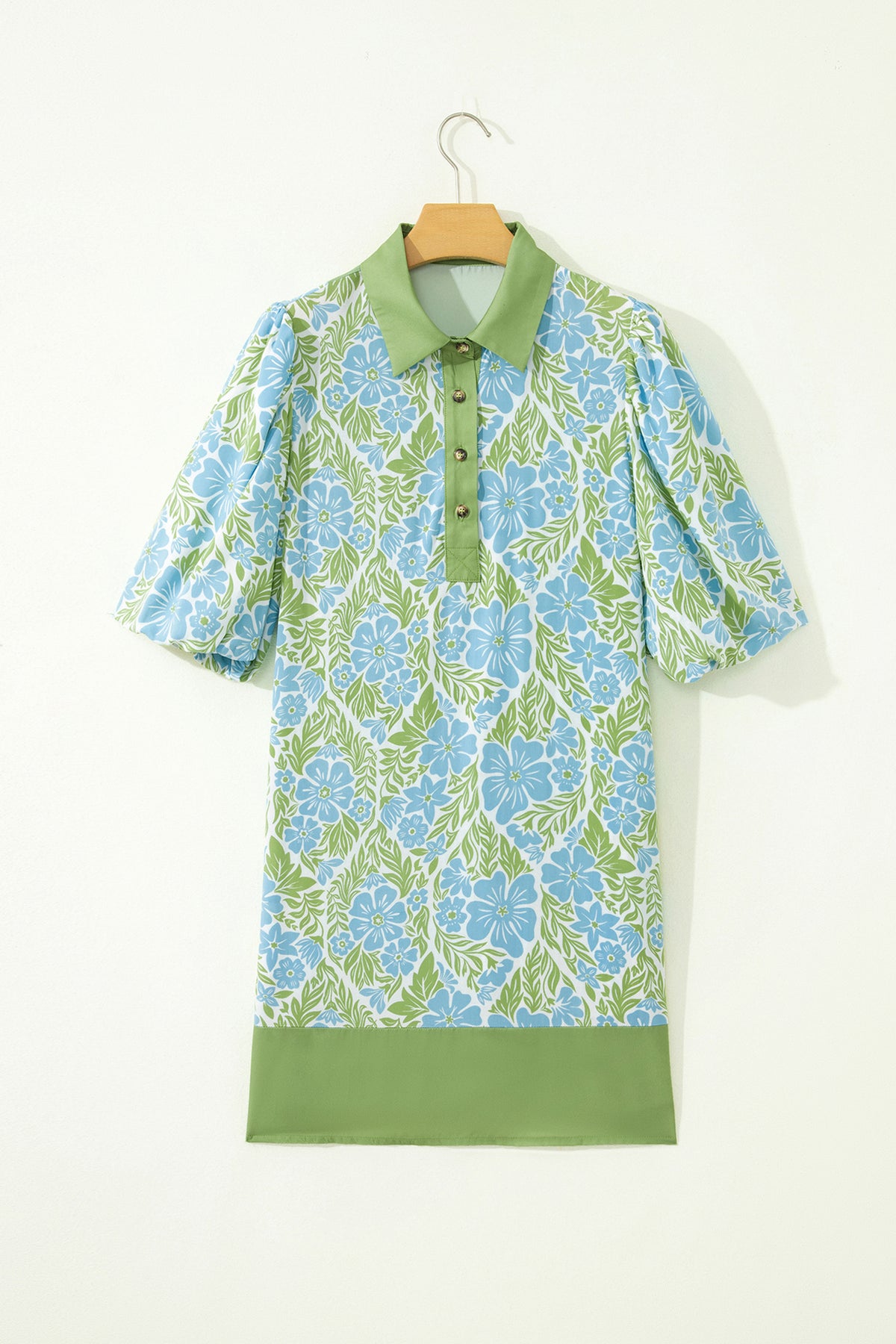 Sky Blue Floral Print Color Block Patchwork Shirt Collar Half Sleeve Mini Dress