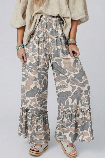 Beige Camo Print Wide Leg Casual Pants